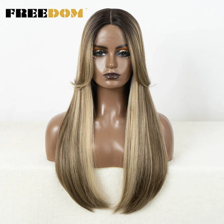 FREEDOM Synthetic Lace Front Wigs For Black Women Straight Bob Wigs 22 inch Ombre Brown Blonde Lace Wigs Cosplay Wig