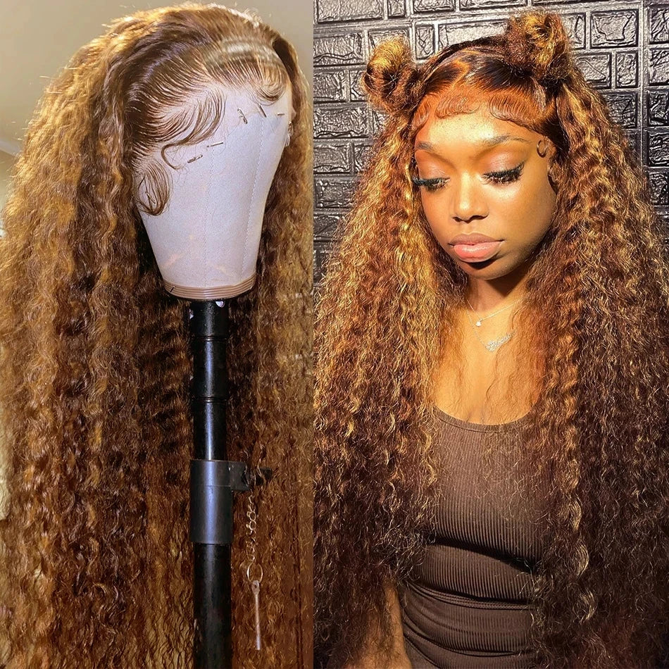 30 34 Inch Highlight Ombre Lace Front Wig Curly Human Hair Wigs Honey Blonde Colored HD Deep Wave Frontal Wigs For Black Women