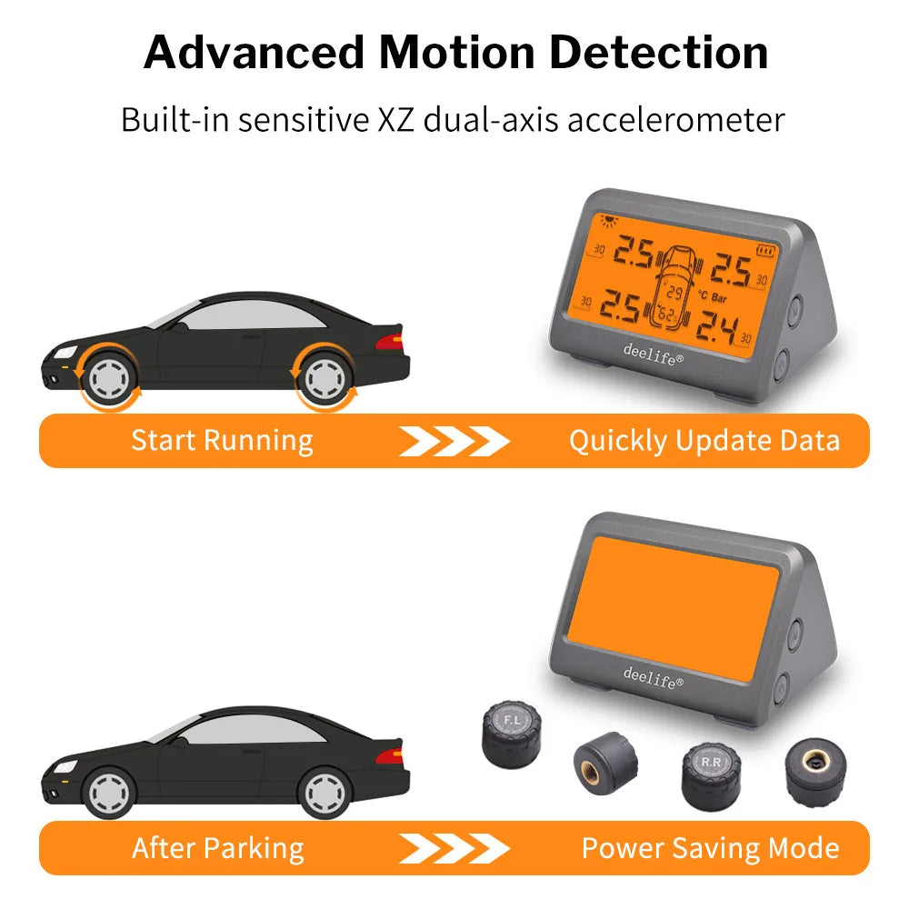 Deelife Solar TPMS Car Tire Pressure Monitoring System with 4 Wheel Tyre Battery Replaceable Internal External Sensors TMPS