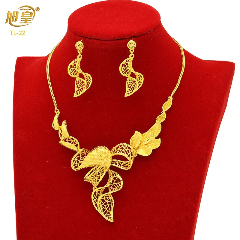 XUHUANG African Big Luxury 4PCS Dubai Gold Color Jewelry Necklace Sets For Women Bridal Wedding Sets 2023 Trend Jewellery Gifts