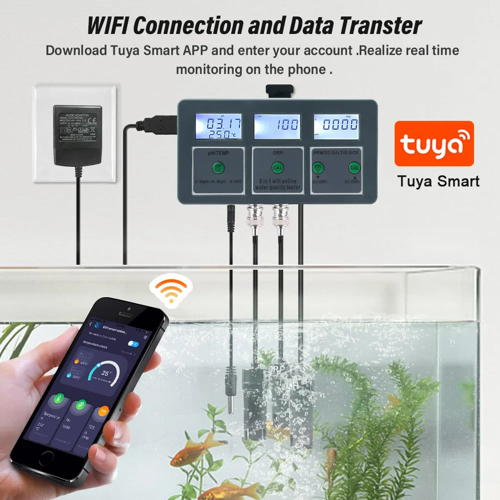 WiFi Tuya Smart PH Meter Data Logger Temp TDS Salinity S.G. EC ORP Water Tester Monitor Analyzer for Aquariums Pool Hydroponics