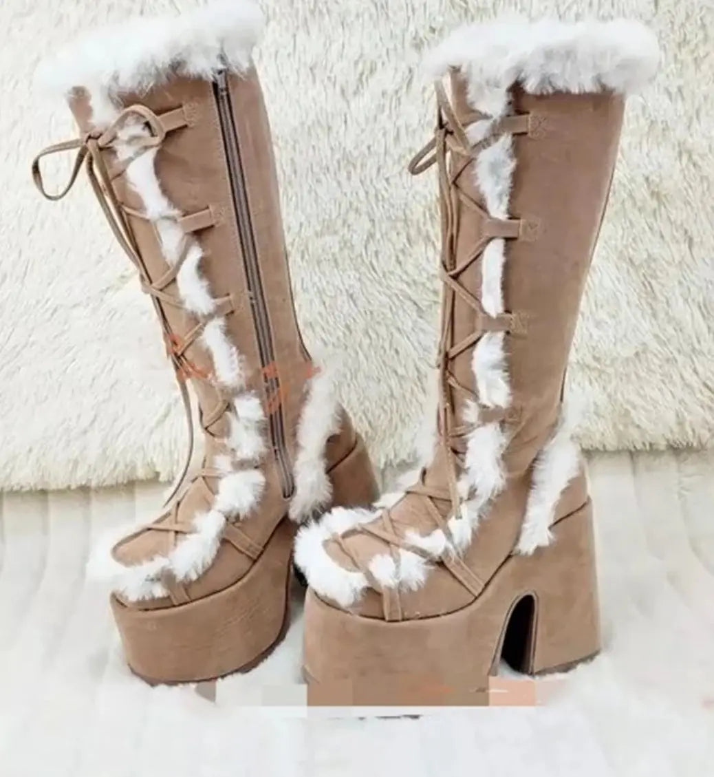 New Winter Women Snow Boots Platform Wedge High Heel Faux Fur Lady Shoes Female Plush Warm Non-slip Mid Calf Boots Goth Shoes