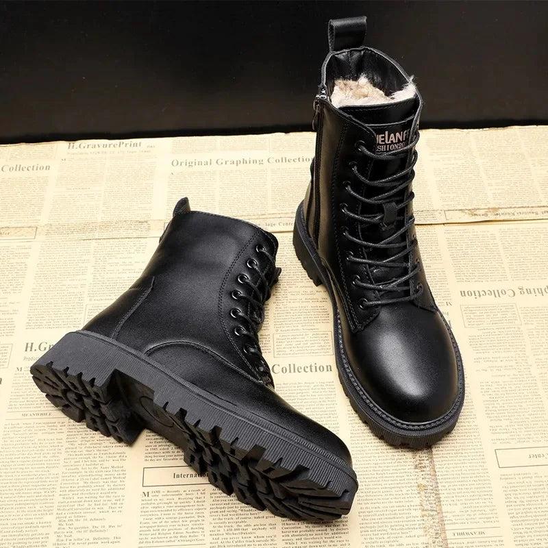 Black Leather Boot Ankle Booties Plush Warm Platform Shoe Fashion British Style Botas Winter Furry Boots Women Shoes 40