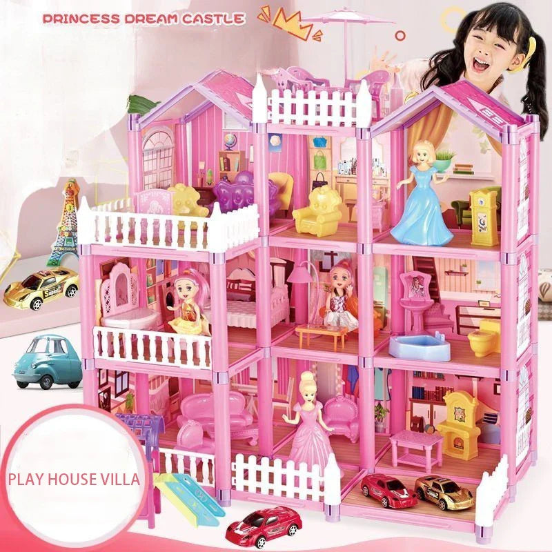 Kids Toy Simulation Doll House Villa Set Pretend Play House Assembly Toys Princess Castle Bedroom Girls Gift Toy For Children