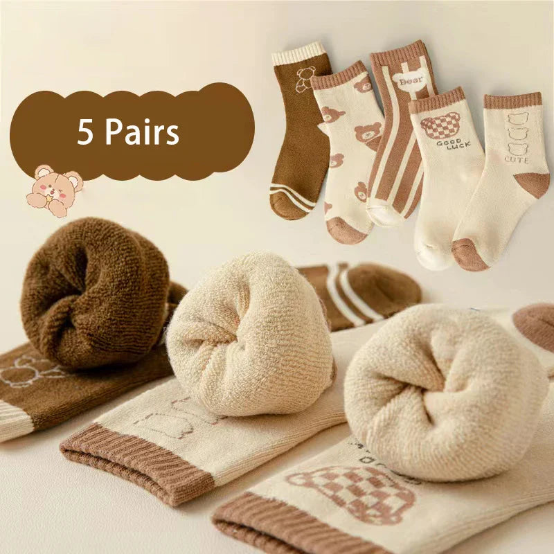 Baby Socks Fall Winter Thick Warm Cute Cartoon 1-12Y Cotton Boy Girl Medium Tube Terry Socks 5 Pairs For Kids