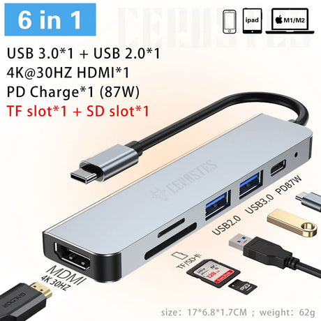 CERASTES NEW USB C HUB Type C to Multi 4KHD RJ45 VGA 4 USB 3.0 PD Power Adapter Docking Station for MacBooks Laptop Hub