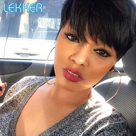 Lekker Colored Short Straight Bob Pixie Human Hair Wig With Bangs For Women Brazilian Remy Hair Non Lace Burgundy Red Cheap Wigs