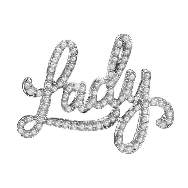 Custom Stylish Alloy Metal Imitation ABS Pearl Letters LADY PIN Brooch