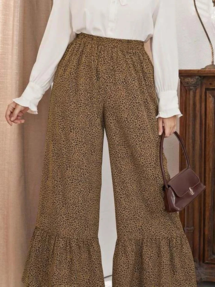 Leopard Printed Pants for Women Office Casual Plus Size High Waist Wide Leg Ankle Length Trousers Autumn Trendy Capris 3XL 4XL