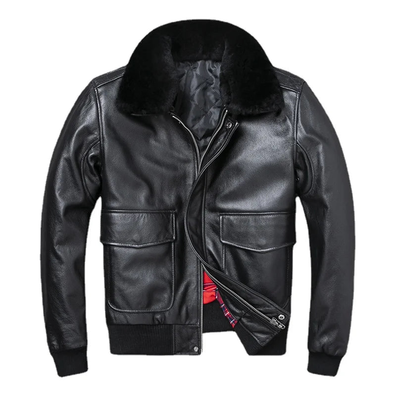 Plus Size Bust 140cm Bomber Men Genuine Leather Jacket Natural Fur Collar Classic Casual G1 Real Cowhide Mens Coat Winter Warm