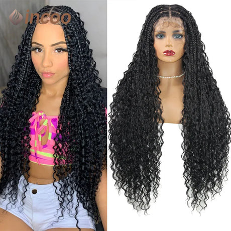 32” Full Lace Box Braid Wigs With Baby Hair Embroidery Bohemian Braid Wig For Black Woman Knotless Goddess Locs With Curly Hair