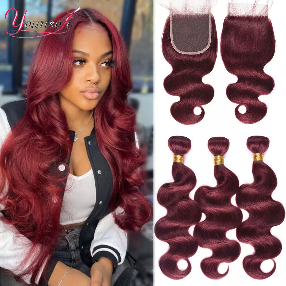 Burgundy Human Hair Bundles With Closure 99j Body Wave Bundles With Lace Closure Brazilian Red Body Wavy Hair With 4 x4 Closure