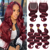 Burgundy Human Hair Bundles With Closure 99j Body Wave Bundles With Lace Closure Brazilian Red Body Wavy Hair With 4 x4 Closure