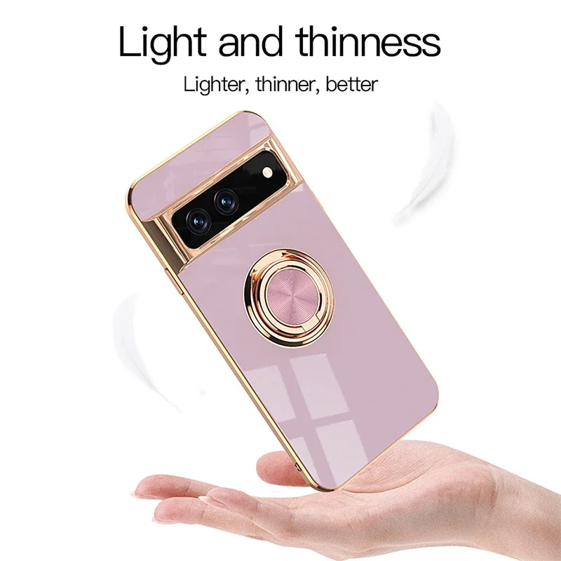 Luxury Plating Silicone Shockproof Phone Case For Google Pixel 8 8A 7 Pro 7A 6A Metal Ring Magnetic Holder Stand Soft Back Cover