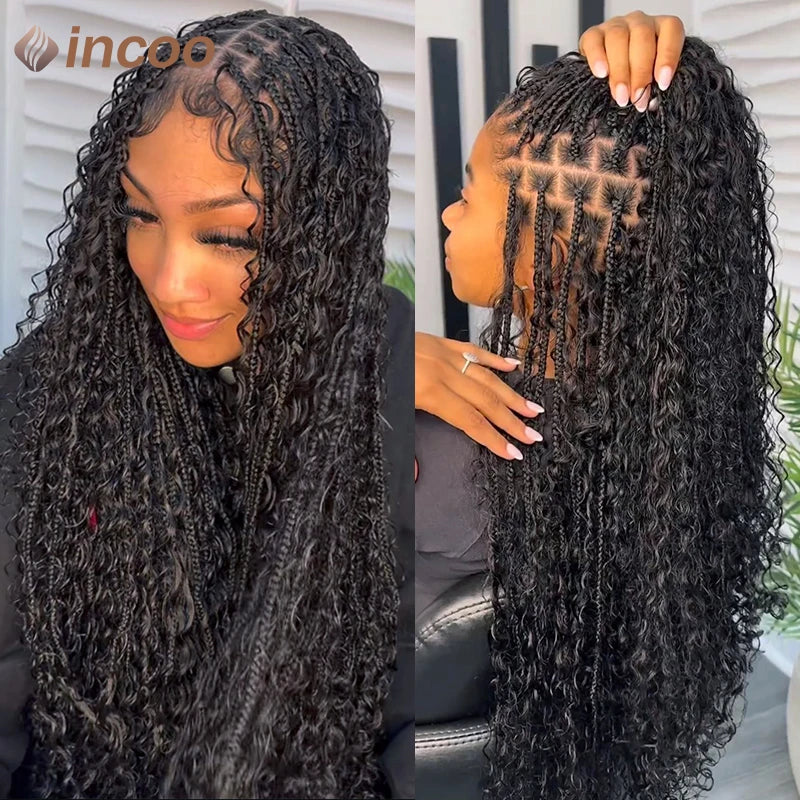 Boho Box Braided Wigs Curly Hair Full Lace Front Wigs for Women Goddess Locs Braid Wig Burgundy Bohemian Box Braid Synthetic Wig