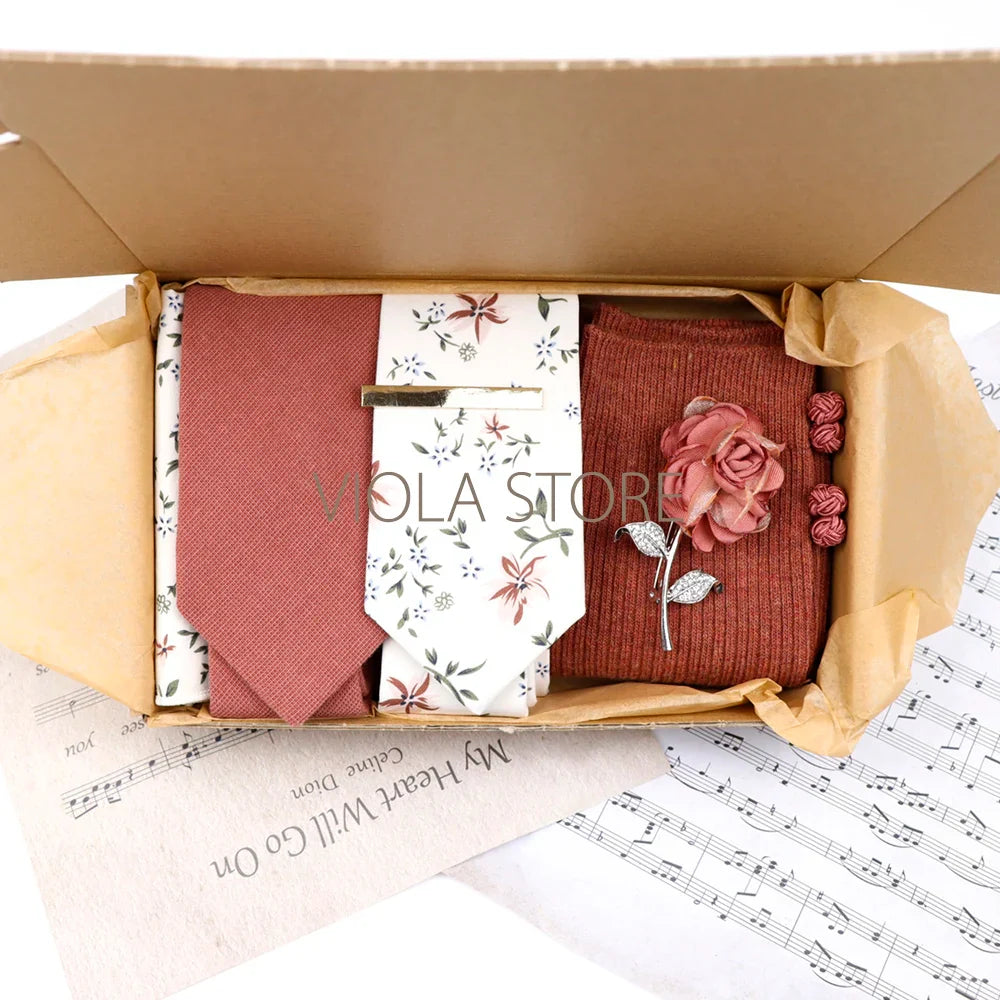 Viola Design Gift Box Hot Solid Floral Cotton Sock Necktie Set Clip Cufflinks Pin Hanky Men Wedding Party Daily Cravat Accessory