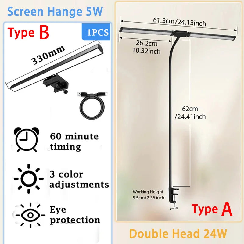 Double Head Desk Lamp Led Reading Light Stand Wide Screen Monitor Lights for Study Office USB Stepless Dimmable Table Lamp 24W