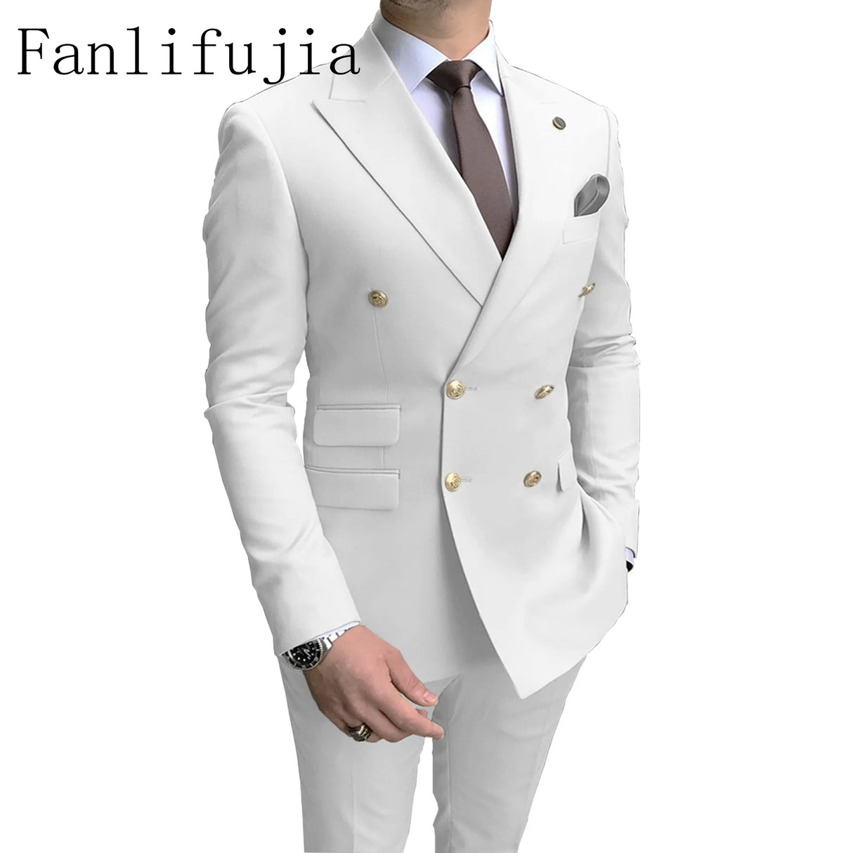 Fanlifujia Store Navy Men Party Tuxedos 2 Pieces Latest Peak Lapel Men Suits Gold Buttons Fashion Style Suits Double Breasted