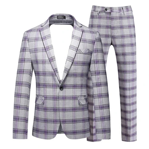 Red Striped Plaid Suit 2 Piece Men's Wedding Party Dress Set Stylish Slim Fit Jacket with Pants Gray Purple Blazer and Trousers