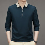 Men's Long Sleeve Turn-down Collar Waffle T-shirt Business Casual Contrast Line Polo Shirt