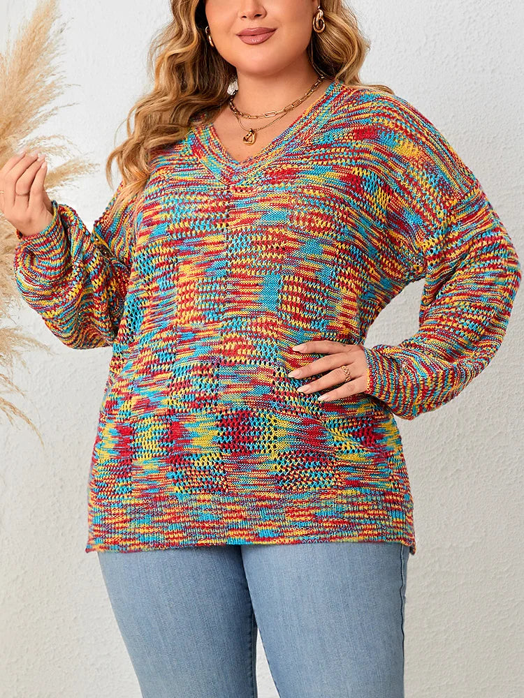 GIBSIE Plus Size Lantern Sleeve V Neck rainbow Sweater Women 2023 Autumn Winter Fashion Loose Sweet Ladies Knit Pullover Jumper