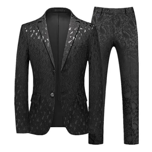 Fashion Brand Men's Jacquard Suit Classic Black / White / Blue Business Wedding Banquet Party Dress Men Blazers and Pants