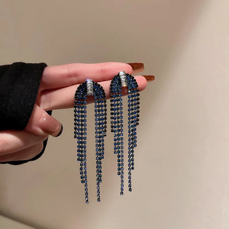 Long Retro Blue Flower Feather Tassel Dangle Earrings for Women 2022 Fashion Crystal Drop Earring Vintage Brincos Jewelry