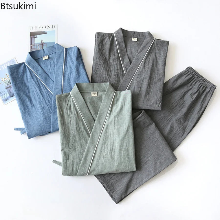 New 2024 Men's Solid Japanese Kimono Pajamas Casual Sleepwear Male Lace-Up Top and Pants Sets Soft Two-piece Homewear Suit Male