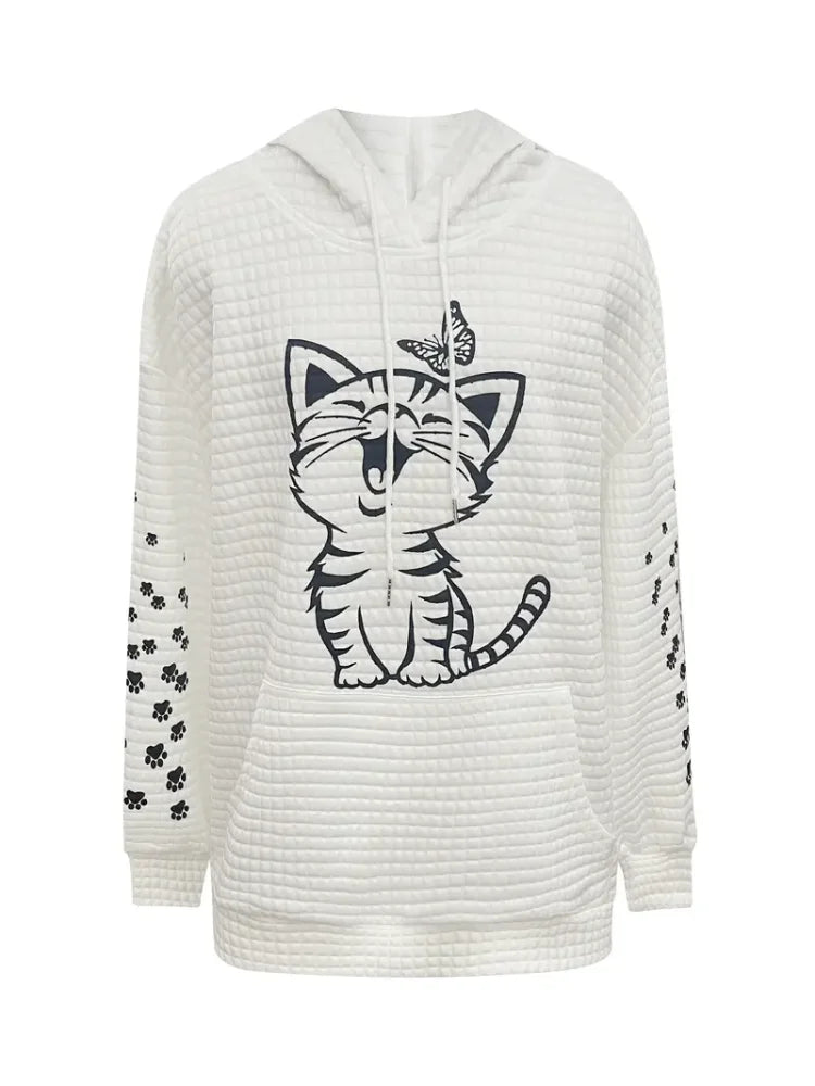 Plus Size Casual Sweatshirt  Women's Plus Cat & Butterfly Print Waffle Pattern Long Sleeve Drawstring Hoodie With Pockets