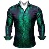 Luxury Silk Shirts for Men Green Paisley Long Sleeved Embroidered Tops Formal Casual Regular Slim Fit Blouses Anti Wrinkle 615