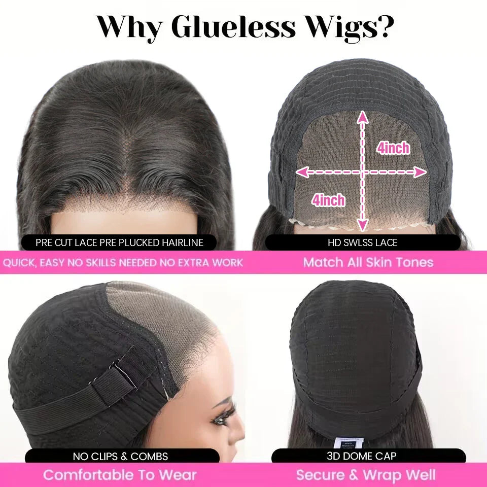 Wear Go Glueless Wig 180% Density Malaysian Straight Bob Wig  4x4 HD Lace Front Wig Glueless Pre Plucked Human Wigs Ready To Go