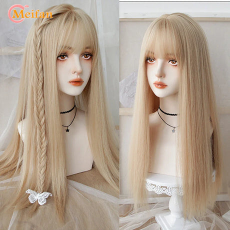 MEIFAN Synthetic Long Straight Lolita Wig with Bangs Wig Girl Cute Mixed Black Red Blonde Cosplay Party Halloween Harajuku Wig