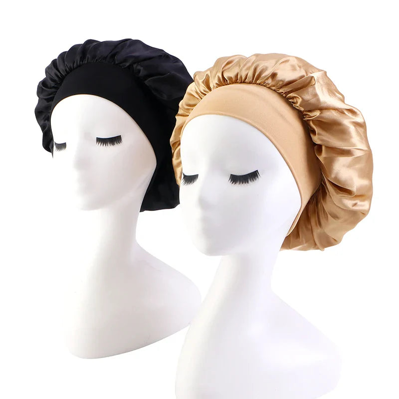 New 2 Pieces Silky Sleep Cap Women's Satin Bonnet Night Elastic Head Cover Hat Curly Hair Nightcap Night Hat Unisex Cap De Nuit