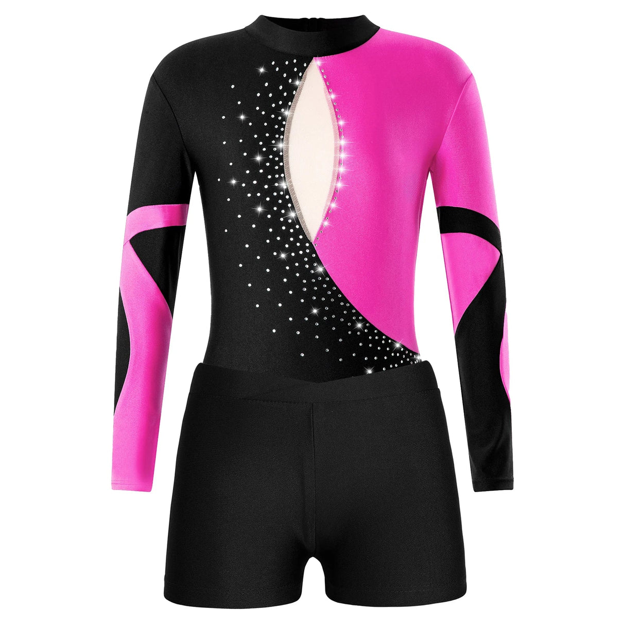 Kids Girls Ballet Gymnastic Leotard Skating Performance Costume Long Sleeve Backless Shiny Rhinestones Bodysuit with Shorts