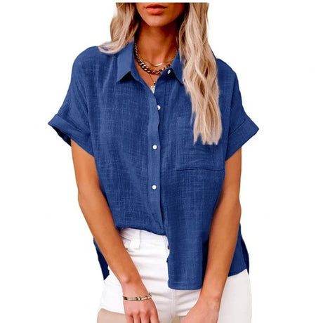 Women Blouse Shirt Casual Office Linen Solid Loose Vintage Overshirt Elegant Female Single Breasted Short Sleeved Tops Plus Size