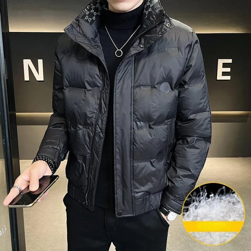 Men Short Lightweight Down Jacket Winter Warm Down Coat Korean Loose White Duck Down Big Pockets Zipper Long Sleeve Outerwear