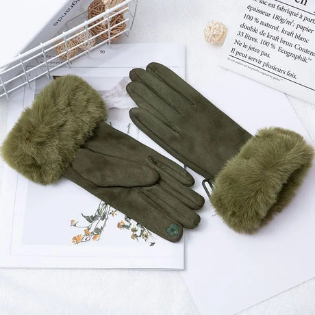 Korean Suede Leather Sports Cycling Warm Gloves Women's Winter Plus Velvet Thicken Full Finger Touch Screen Driving Mittens H92