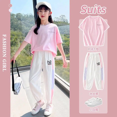 Girls Summer Trend Sports 2pcs Ice Silk T-shirts+Ninth Anti Mosquito Pants Suits 5-13 Years Girls Loungewear Oufits Kids Clothes