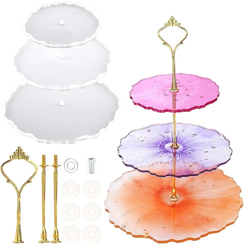 Thick Cake Stand Molds for Resin, Epoxy Resin Tiered Tray Mold, Geode Resin Silicone Casting Mold with Hardware Fittings