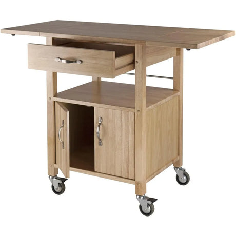 Kitchen island trolley, with storage cabinets, rolling kitchen table with solid wood countertops, drawers, natural color