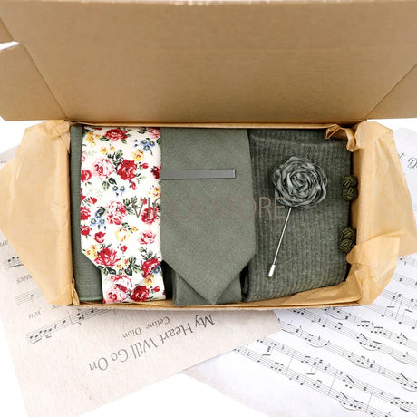 Viola Design Gift Box Hot Solid Floral Cotton Sock Necktie Set Clip Cufflinks Pin Hanky Men Wedding Party Daily Cravat Accessory