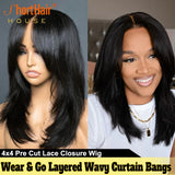 Wear And Go Layered Wavy Human Hair Wigs With Curtain Bangs Long Hair Pre Cut Lace 4x4 Transparent Lace Closure Wigs For Women