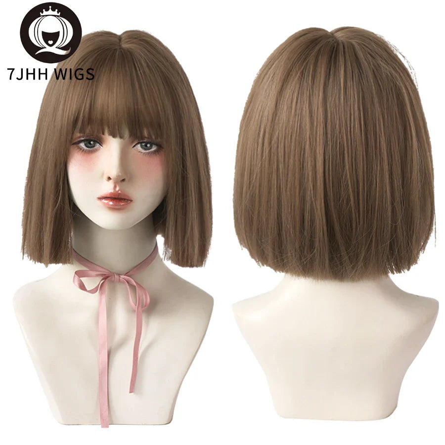 7JHH WIGS Black Short Bob Wig for Girl Daily Wear Synthetic Wig New Style Natural Supple Summer  Heatresistant Wig With Bangs