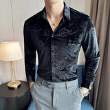 Men's Autumn Winter Velvet Flower Shirt New Luxury Printed Long Sleeved Casual Business Dress Shirts Formal Social Party Tuxedo