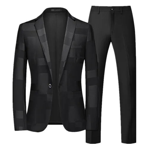 Fashion Brand Men's Jacquard Suit Classic Black / White / Blue Business Wedding Banquet Party Dress Men Blazers and Pants