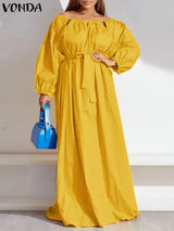 Plus Size 5XL VONDA Elegant Sexy Off Shoulder Maxi Dress Women 2023 Long Sleeve Solid Belted Bohemian Robe Casual Party Vestidos