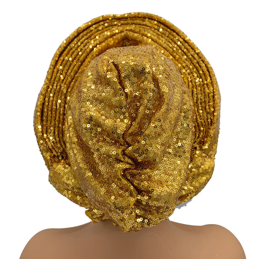 NEW Sequins Turban Cap for Women Ready to Wear African Auto Gele Headtie Nigeria Wedding Geles Female Head Wraps Lady Headpiece