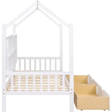 Twin Room Bed with Drawers for Children, Wooden Children's Bed Frame with Roof Design, Suitable for Boys, Girls (twin, White)