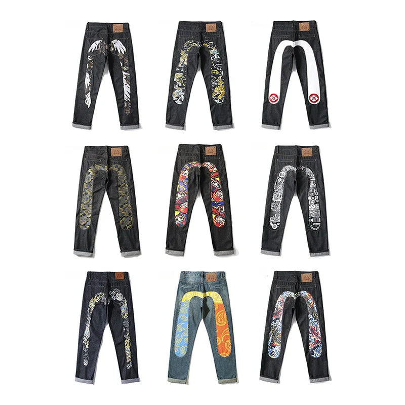 Printed trendy brand personality jeans for men and women casual slim straight tube national trend washed loose all-match pants