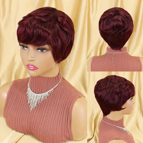 Straight Human Hair Wigs Short Bob Wig With Bangs Non Lace Front Wigs For Women Pixie Cut Wig Natural Color Full Machine Made